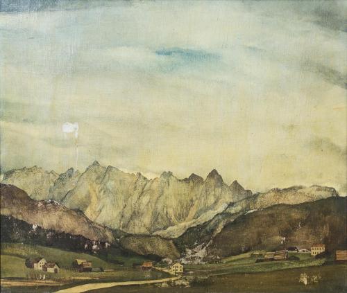 Otto Rudolf Schatz, Donnerkogelgruppe Gosau, um 1938, Kaseintempera auf Holz, 30,3 × 35,5 cm, P ...