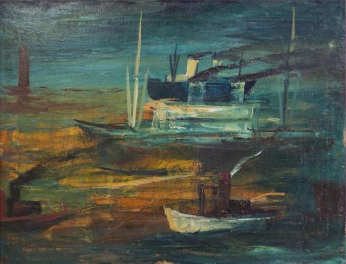 Otto Rudolf Schatz, Hafeneinfahrt mit Dampfschiffen, um 1937, Öl auf Leinwand, 49,5 × 64,5 cm,  ...