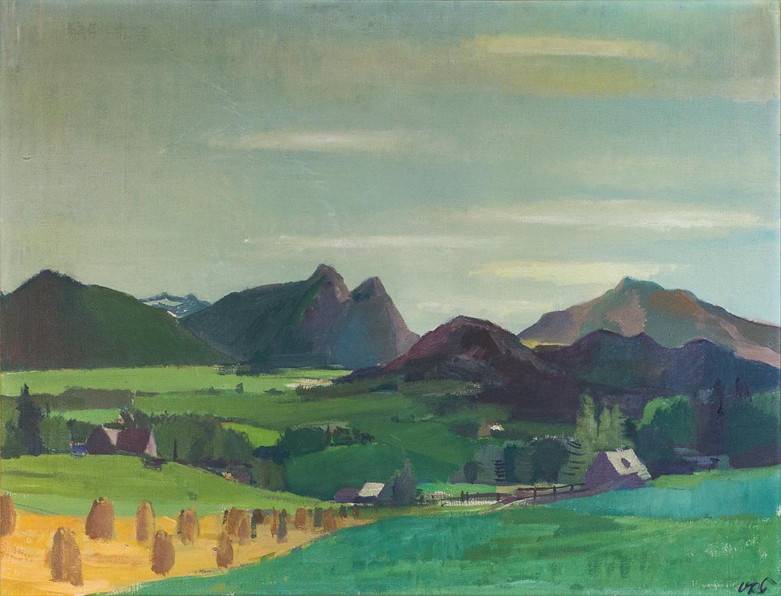 Otto Rudolf Schatz, Landschaft mit Kornmandeln, um 1940, Öl auf Leinwand, 77,3 × 100,5 cm, Priv ...