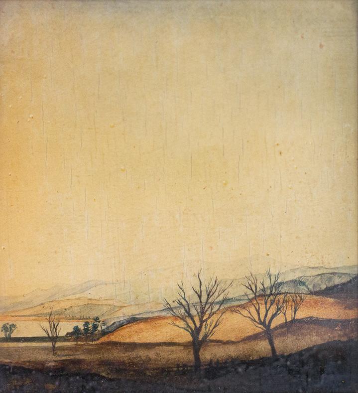 Otto Rudolf Schatz, Gebirgslandschaft mit See und Bäumen, 1943/44, Kaseintempera, Japanlack auf ...