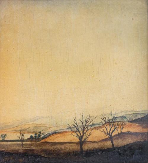 Otto Rudolf Schatz, Gebirgslandschaft mit See und Bäumen, 1943/44, Kaseintempera, Japanlack auf ...