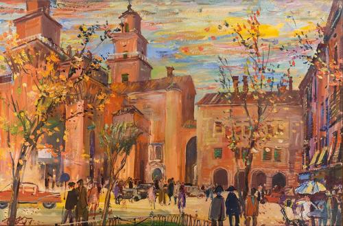 Otto Rudolf Schatz, Stadtansicht, um 1950, Öltempera auf Holz, Privatbesitz