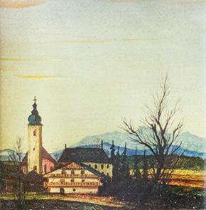 Otto Rudolf Schatz, Herbstlandschaft mit Kloster, um 1940, Kaseintempera, Japanlack auf Holz, 6 ...
