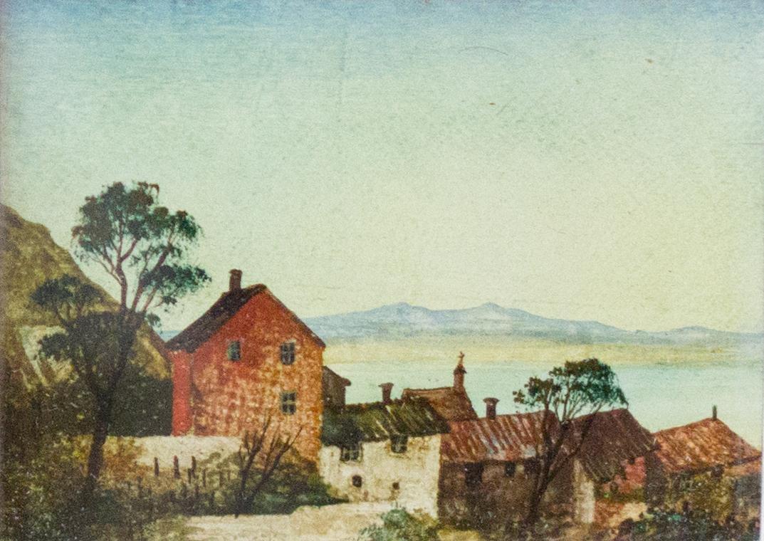 Otto Rudolf Schatz, Städtchen am See, um 1938, Aquarell, Kasein, Japanlack auf Holz, 5 × 6,5 cm ...