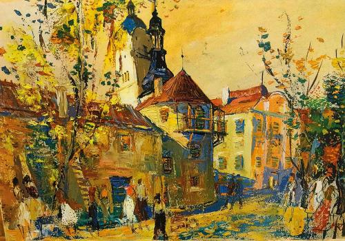 Otto Rudolf Schatz, Die Frauenbergkirche in Stein an der Donau, 1950, Öl auf Karton, 62 × 42 cm ...