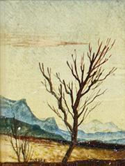Otto Rudolf Schatz, Berglandschaft mit kahlem Bäumchen im Vordergrund, 1943/44, Kaseintempera / ...