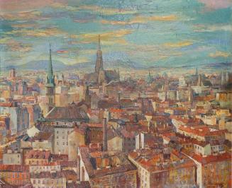 Otto Rudolf Schatz, Wienblick vom Ersten Wiener Hochhaus mit Michaelerkirche und Rathaus, um 19 ...