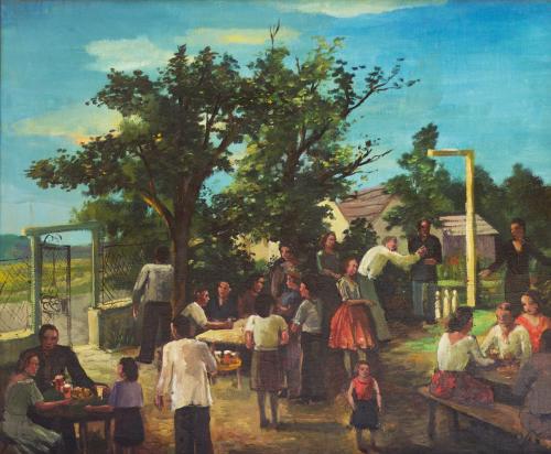 Otto Rudolf Schatz, Wirtschaftsgarten mit russischer Kegelbahn, 1942 / 1943, Öl auf Leinwand, 5 ...