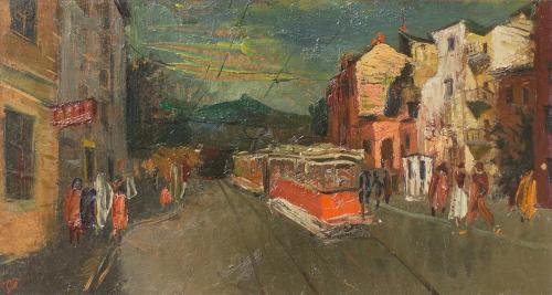 Otto Rudolf Schatz, Wiener Straßenszene mit Straßenbahn, um 1948, Öl auf Holz, 24 × 44 cm, Leop ...