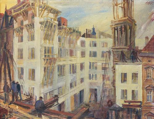 Otto Rudolf Schatz, Hausbau, um 1953, Öl auf Holz, 47 × 60 cm, Volkshochschule Floridsdorf Wien