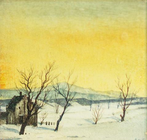 Otto Rudolf Schatz, Verschneite Landschaft mit Haus im Abendrot, 1943/44, Aquarell/Kasein/Japan ...