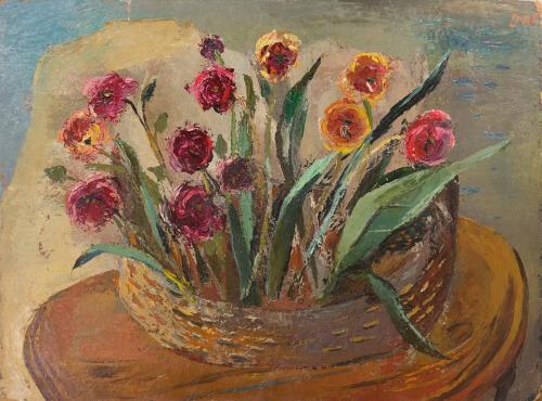 Otto Rudolf Schatz, Korb mit Tulpen, um 1946, Öl auf Holz, 69 × 92,5 cm, Privatbesitz