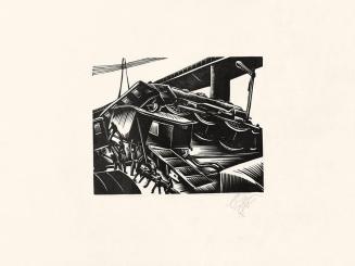 Otto Rudolf Schatz, Eisenbahnunglück, 1928, Holzschnitt, Blattmaße: 21,5 × 31,2 cm, Privatbesit ...