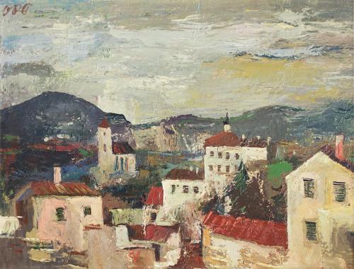 Otto Rudolf Schatz, Blick von Brunn auf Seekirchen am Wallersee, um 1948, Öl auf Holz, 72 × 92  ...