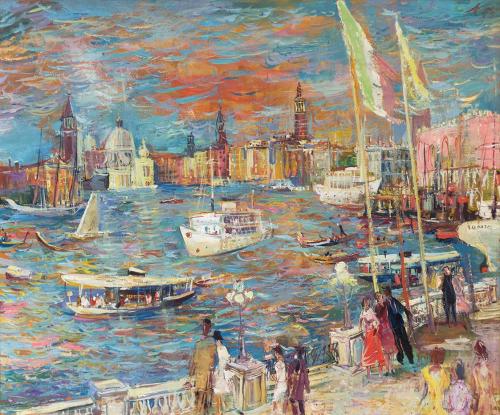 Otto Rudolf Schatz, Blick vom Markusplatz zur Punta della Dogana in Venedig, um 1955, Öl auf Le ...