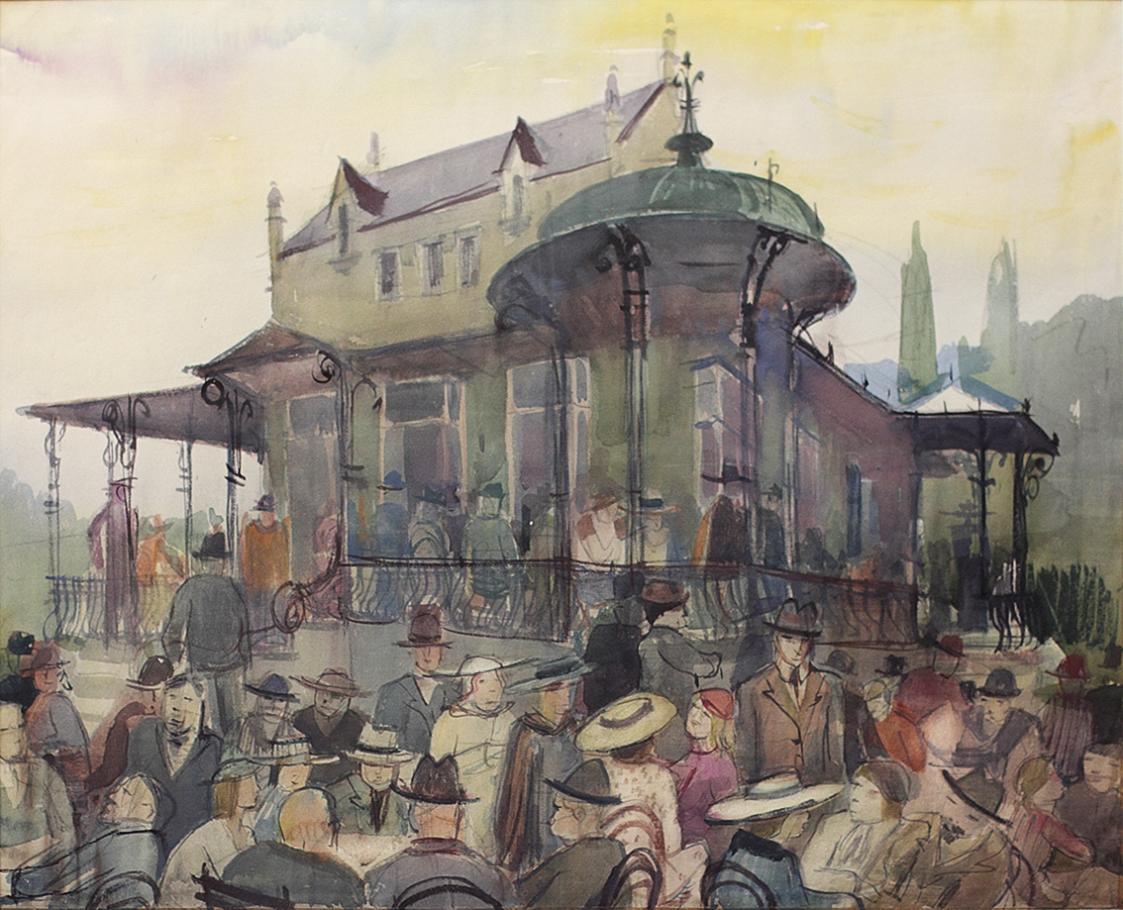 Otto Rudolf Schatz, Gartenpavillon mit Café, um 1930, Kohle, Aquarell auf Ingres, 44 × 32,8 cm, ...