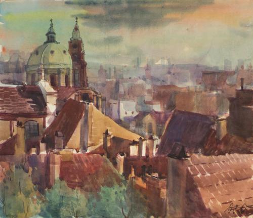 Otto Rudolf Schatz, Prag, Nikolaikirche, um 1937, Aquarell, Bleistift auf Papier, 46 × 51,3 cm, ...