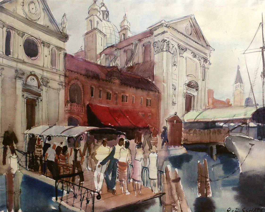 Otto Rudolf Schatz, Venedig, Vaporettostation, um 1937, Aquarell auf Papier, 43 × 52 cm, Privat ...