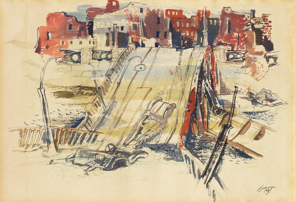 Otto Rudolf Schatz, Zerstörte Donaukanalbrücke, 1945, Aquarell auf Malkarton, 46 × 57 cm, Priva ...