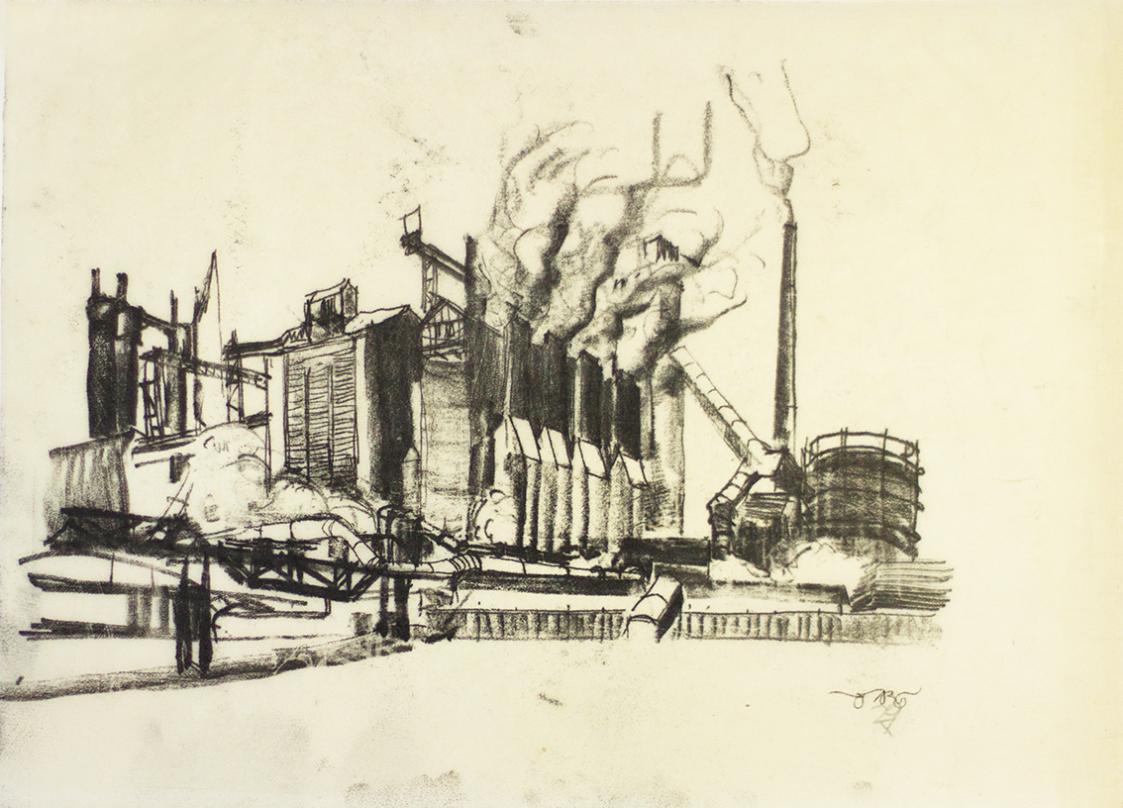 Otto Rudolf Schatz, Fabrik mit Gasometer, 1929, Kohle auf Papier, Monotypie, Privatbesitz