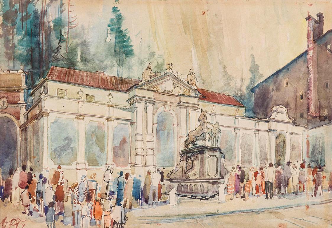 Otto Rudolf Schatz, Pferdeschwemme in Salzburg, um 1937, Aquarell auf Papier, 28 × 40 cm, Unbek ...