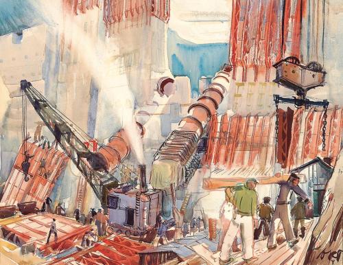 Otto Rudolf Schatz, Bau der Staumauer in Kaprun, 1950, Aquarell auf Papier, Unbekannter Besitz