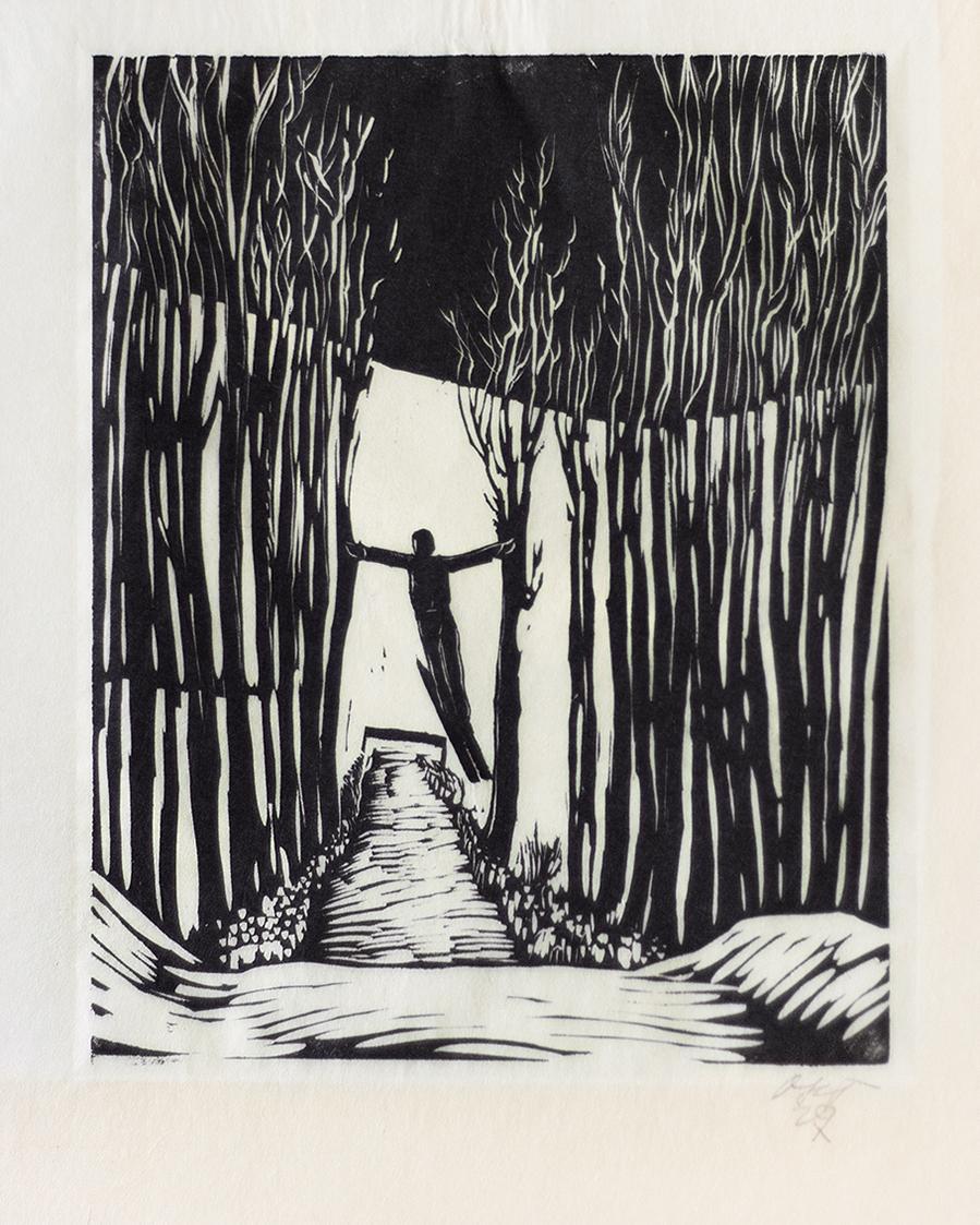 Otto Rudolf Schatz, Skispringer, 1929, Holzschnitt, Blattmaße: 44,5 × 30,5 cm, Privatbesitz