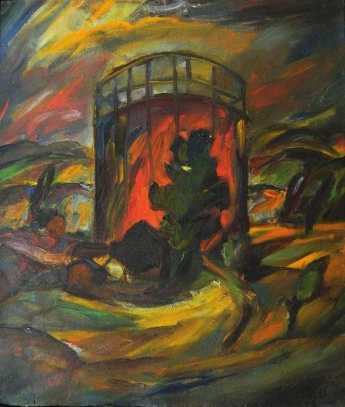 Otto Rudolf Schatz, Gasometer, 1922, Öl auf Karton, 35,8 × 31 cm, Museum Moderner Kunst Wörlen, ...