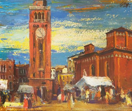 Otto Rudolf Schatz, Markt beim Campanile in Chioggia mit dem Oratorium San Martino, um 1952, Öl ...