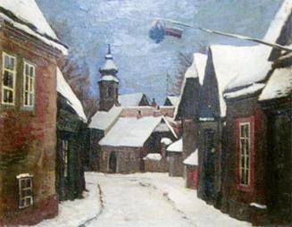 Otto Rudolf Schatz, Heurigendorf im Winter, um 1940, Öl auf Platte, 43 × 54 cm, Privatbesitz