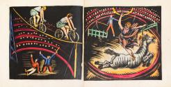Otto Rudolf Schatz, Zirkus, 1927, Blockbuch, 8 Holzschnitte, 2 Textseiten, handkoloriert auf Ja ...