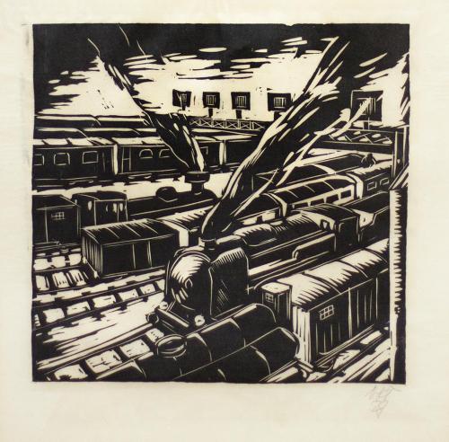 Otto Rudolf Schatz, Bahnhof, 1929, Holzschnitt, Blattmaße: 38,4 × 37,3 cm, Privatbesitz