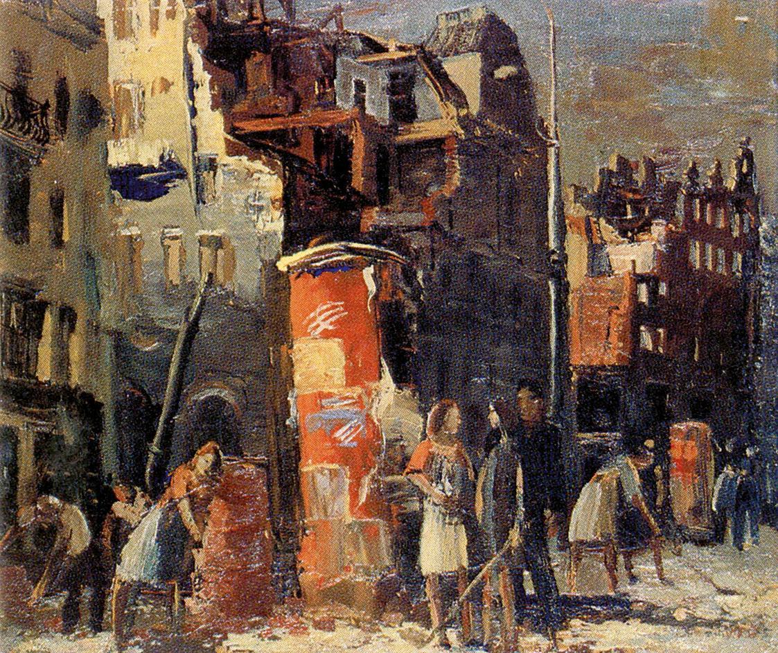 Otto Rudolf Schatz, Straßenszene in Wien nach 45, 1946, Öl auf Holz, 32 × 37,3 cm, Unbekannter  ...