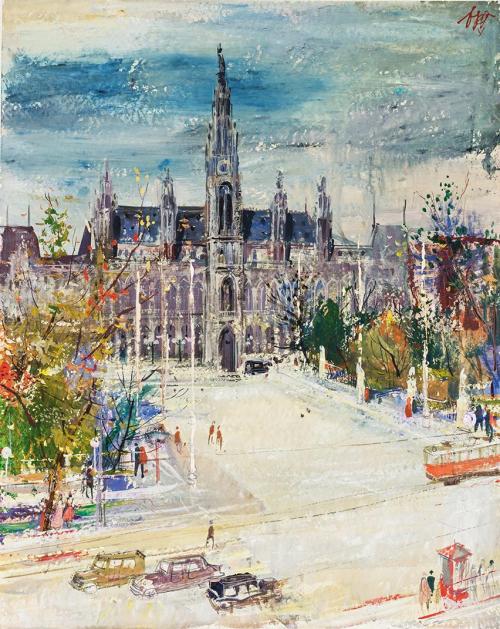 Otto Rudolf Schatz, Blick auf das Wiener Rathaus vom Burgtheater, um 1950, Öltempera auf Papier ...