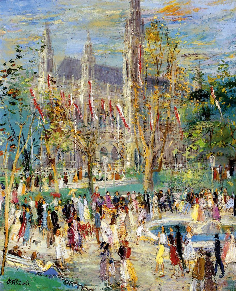 Otto Rudolf Schatz, Festwocheneröffnung vor dem Wiener Rathaus, 1956, Öl auf Holz, 78 × 64 cm,  ...