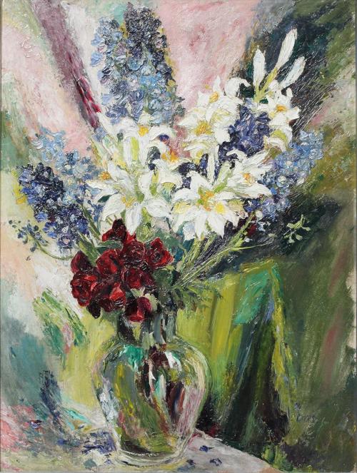Otto Rudolf Schatz, Lilien und Rosen, um 1956, Öl auf Holz, 79,8 × 60 cm, Privatbesitz