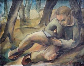 Otto Rudolf Schatz, Lesender im Wald, 1921, Öl auf Leinwand, beidseitig, 58 × 79,5 cm, Privatbe ...