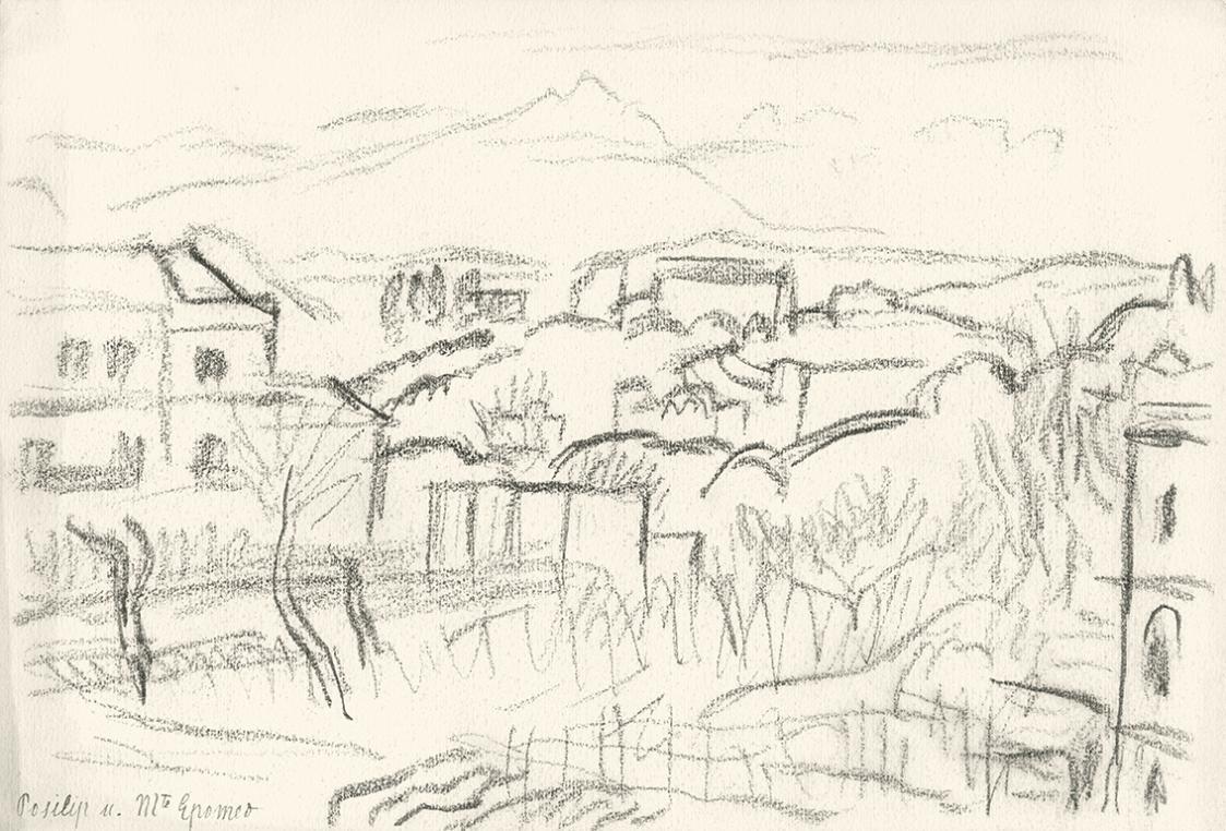 Alfred Wickenburg, Stadtansicht mit dem Berg Epomeo im Hintergrund, 1920/1923, Graphit auf Papi ...