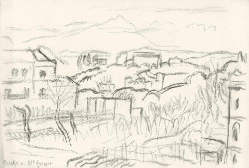 Alfred Wickenburg, Stadtansicht mit dem Berg Epomeo im Hintergrund, 1920/1923, Graphit auf Papi ...
