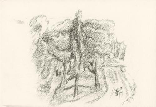 Alfred Wickenburg, Landschaft mit Bäumen und vier Figuren, 1920/1923, Graphit auf Papier, Blatt ...