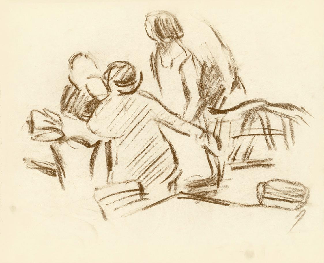 Alfred Wickenburg, Drei Personen, 1930/1935, Braune Kreide auf Papier, Blattmaße: 23,8 × 29,6 c ...