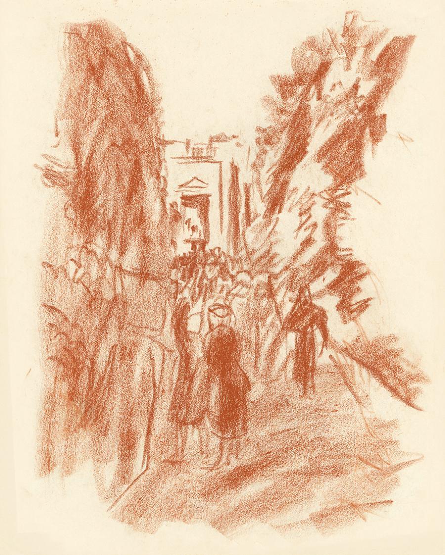 Alfred Wickenburg, Straßenszene, 1930/1935, Rötel auf Papier, Blattmaße: 29,6 × 23,8 cm, Privat ...