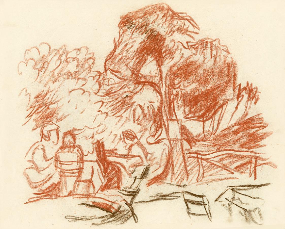 Alfred Wickenburg, Drei sitzende Personen in einem Garten, 1930/1935, Braune Kreide und Rötel a ...