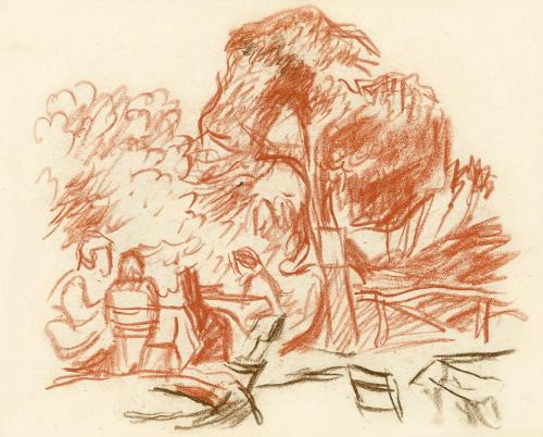Alfred Wickenburg, Drei sitzende Personen in einem Garten, 1930/1935, Braune Kreide und Rötel a ...