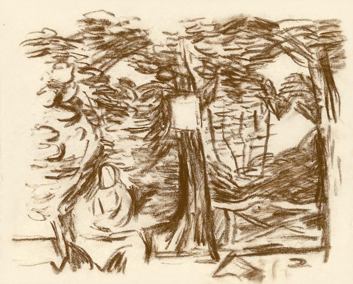 Alfred Wickenburg, Sitzende Figur unter einem Baum, 1930/1935, Braune Kreide auf Papier, Blattm ...