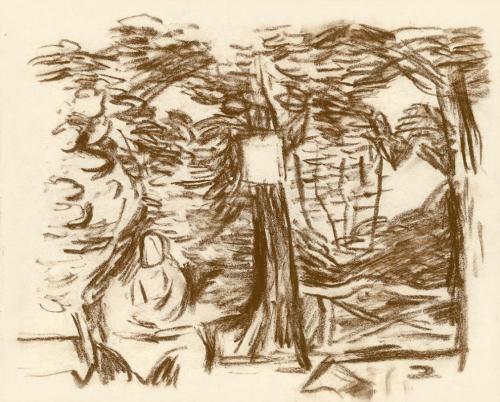 Alfred Wickenburg, Sitzende Figur unter einem Baum, 1930/1935, Braune Kreide auf Papier, Blattm ...