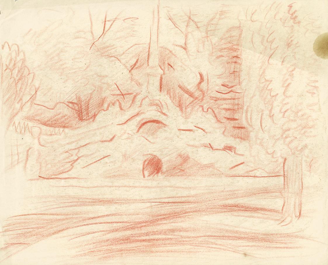 Alfred Wickenburg, Wald, 1930/1935, Rote Kreide auf Papier, Blattmaße: 29,6 × 23,9 cm, Privatbe ...