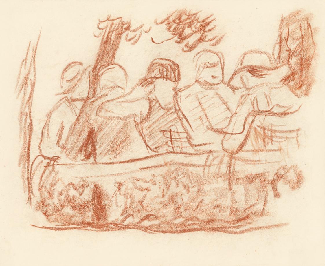 Alfred Wickenburg, Fünf sitzende Personen, 1930/1935, Rötel auf Papier, Blattmaße: 23,9 × 29,6  ...