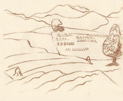 Alfred Wickenburg, Hügellanschaft, 1930/1935, Braune Kreide auf Papier, Blattmaße: 23,9 × 29,2  ...