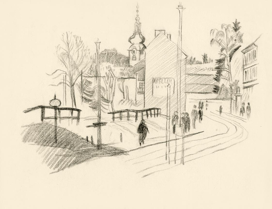 Alfred Wickenburg, Stadtansicht, 1930/1935, Kohle auf Papier, Blattmaße: 24 × 30,8 cm, Privatbe ...